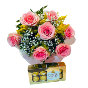 Buquê Clássico rosas cor de rosa com bombons